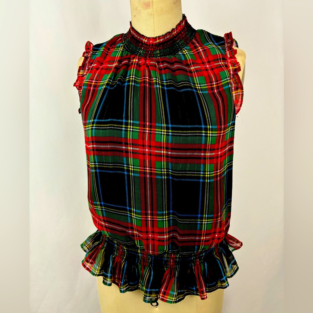 J. Crew Tartan Plaid Ruffled Tank Top Shirt X Small 00 NWOT